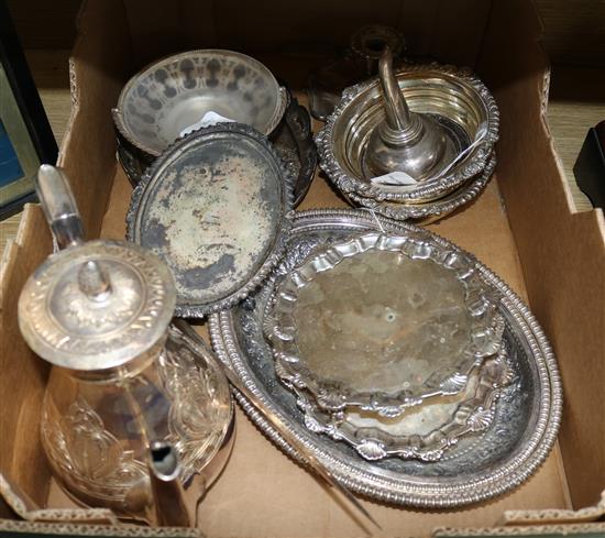 A pair of plated card trays, a pair of plated coasters and sundry plated wares